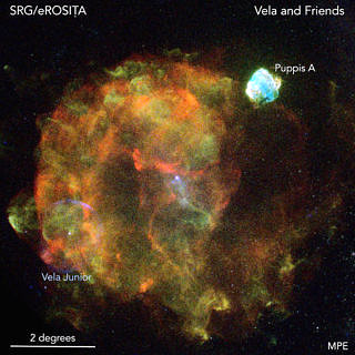 Der "Vela-Supernova-Überrest" ist aufgrund seiner Größe und der geringen Entfernung zur Erde eines der prominentesten Objekte am Röntgenhimmel. Die Supernova Vela explodierte vor etwa 12000 Jahren in einer Entfernung von 800 Lichtjahren. (Bild: Peter Predehl, Werner Becker (MPE), Davide Mella)